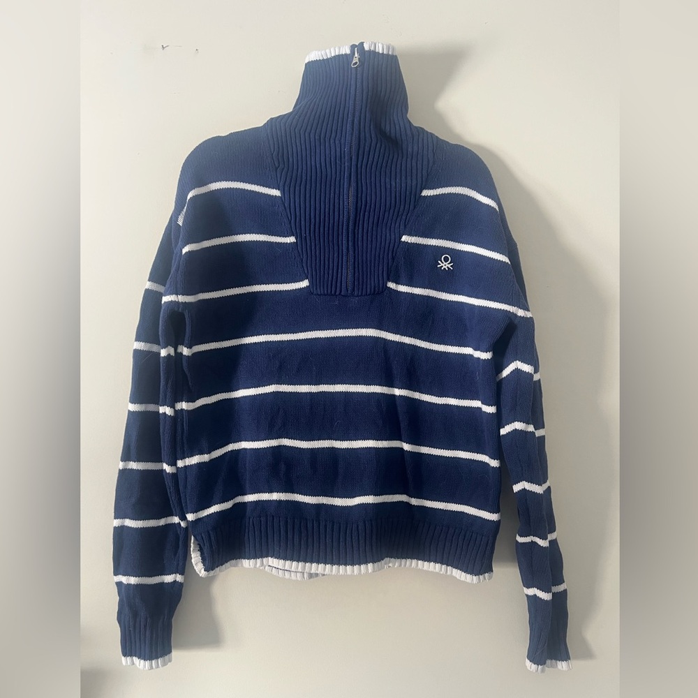 United Colors Of Benetton Blue and White Striped Cowl Neck Sweater
